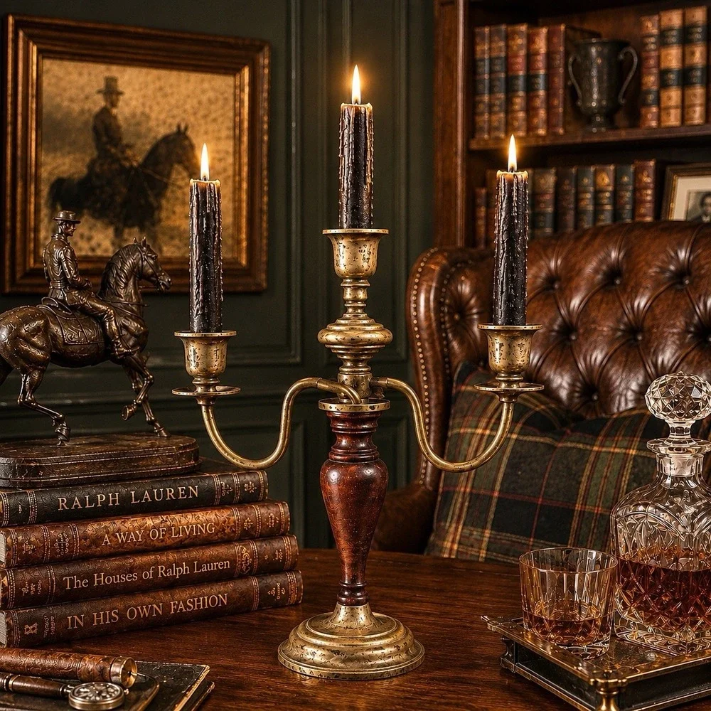 Vintage Brass Mahogany Wood 3 Arm Candelabra Dark Academia English Country